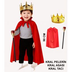 Mey İthalat® Çocuk Kral Kostüm Seti – Kırmızı Pelerin, Taç ve Asa (90 cm)