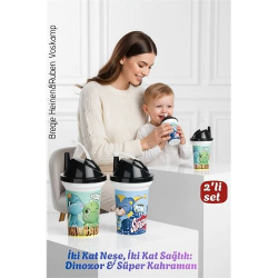 Mey İthalat® Çocuk Pipetli Bardak Seti 2'li Dinozor & Süper Kahraman İkili Eğlenceli Kapaklı Suluk Matara 300 ml