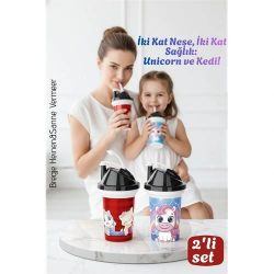 Mey İthalat® Çocuk Pipetli Bardak Seti 2'li Unicorn & Kedi Figürlü İkili Eğlenceli Kapaklı Suluk Matara 300 ml