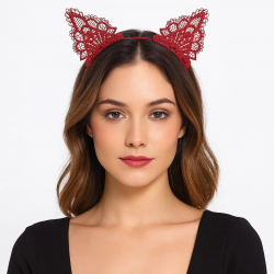 Mey İthalat® Dantelli Kırmızı Kedi Tacı - Vintage Tarz Dantel Kedi Kulak