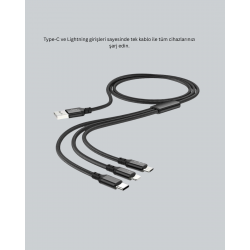 Mey İthalat® Dayanıklı Metal Başlıklı 3’ü 1 Arada Şarj Kablosu – Tüm Cihazlarla Uyumlu