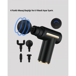 Mey İthalat® Derin Doku Masaj Tabancası 4 Başlık 6 Kademeli Sessiz Güç Şarjlı Kas Gevşetici
