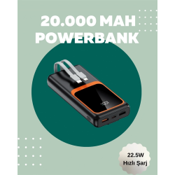 Mey İthalat® Dijital Ekranlı 20.000 mAh Powerbank | 22.5W Hızlı Şarj + Çoklu Bağlantı Seçeneği