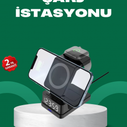Mey İthalat® Dijital Saatli Kablosuz Şarj İstasyonu – 3’ü 1 Arada Apple Uyumlu Hızlı Şarj ve LED Ekran