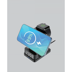 Mey İthalat® Dijital Saatli Kablosuz Şarj İstasyonu – 3’ü 1 Arada Apple Uyumlu Hızlı Şarj ve LED Ekran