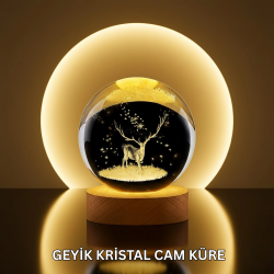 Mey İthalat® Doğal Ahşap Standlı Geyik Figürlü Kristal Küre LED Dekoratif Lamba