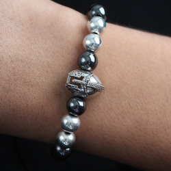 Mey İthalat® Doğal Taş Gladyatör Model Gümüş Ve Füme Renk Asansörlü Erkek Bileklik