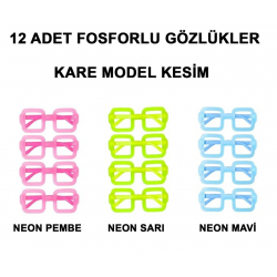 Mey İthalat®    Fosforlu Kare Model Glow Parti Gözlüğü Karanlıkta Yanan Gözlükler 12 Adet