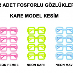 Mey İthalat®    Fosforlu Kare Model Glow Parti Gözlüğü Karanlıkta Yanan Gözlükler 12 Adet