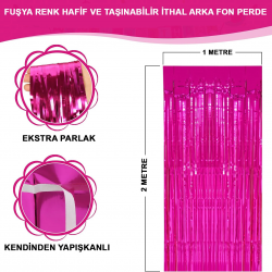Mey İthalat® Fuşya Renk Ekstra Metalize Parlak Saçaklı Arka Fon Perde İthal A Kalite 1x2 Metre