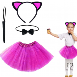 Mey İthalat® Fuşya Renk Etekli Kedi Kostüm Seti (Tütü, Taç, Papyon, Kuyruk)