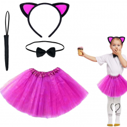 Mey İthalat® Fuşya Renk Etekli Kedi Kostüm Seti (Tütü, Taç, Papyon, Kuyruk)