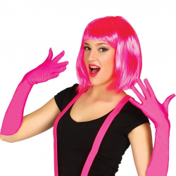 Mey İthalat® Fuşya Renk Saten Uzun Eldiven ve Küt Parti Peruğu