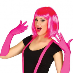 Mey İthalat® Fuşya Renk Saten Uzun Eldiven ve Küt Parti Peruğu