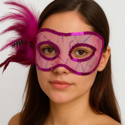 Mey İthalat® Fuşya Renk Yandan Tüylü Pul Payet İşlemeli Parti Maskesi 23x12 cm