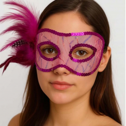 Mey İthalat® Fuşya Renk Yandan Tüylü Pul Payet İşlemeli Parti Maskesi 23x12 cm
