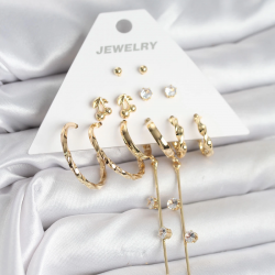 Mey İthalat® Gold Renk 6 Çift Pirinç Kadın Küpe Seti