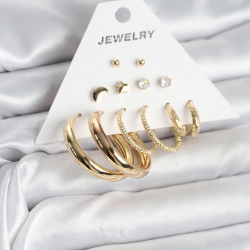 Mey İthalat® Gold Renk 6 Çiftli Pirinç Kadın Küpe Seti