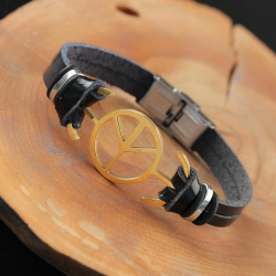 Mey İthalat® Gold Renk Barış Figürlü Metal Aksesuarlı Siyah Renk Deri Erkek Bileklik