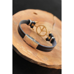 Mey İthalat® Gold Renk Barış Figürlü Metal Aksesuarlı Siyah Renk Deri Erkek Bileklik