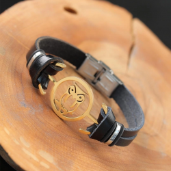 Mey İthalat® Gold Renk Baykuşlu Metal Aksesuarlı Siyah Renk Deri Erkek Bileklik