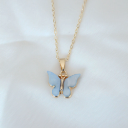 Mey İthalat® Gold Renk Kaplama Buz Mavisi Renk Sedefli Kelebek Kolye