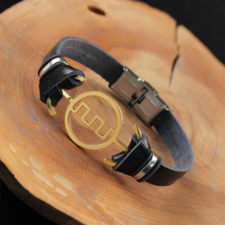 Mey İthalat® Gold Renk Metal Labirent Tasarım Siyah Renk Deri Erkek Bileklik