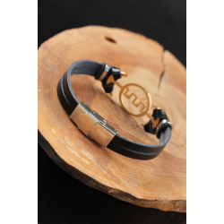 Mey İthalat® Gold Renk Metal Labirent Tasarım Siyah Renk Deri Erkek Bileklik