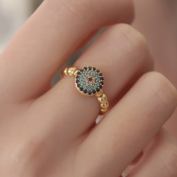 Mey İthalat® Gold Renk Nazar Boncuk Figür Zirkon Taş Detay Kadın Yüzük