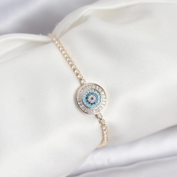 Mey İthalat® Gold Renk Nazar Model Zirkon Taşlı Asansörlü Su Yolu Bileklik