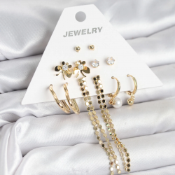 Mey İthalat® Gold Renk Pirinç 6'lı Kadın Küpe Seti