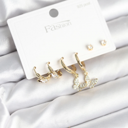 Mey İthalat® Gold Renk Pirinç Kelebek Model 925 Ayar Gümüş Çivili Kadın Küpe Seti