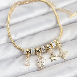 Mey İthalat® Gold Renk Pirinç Yonca Charmlı Kadın Bileklik