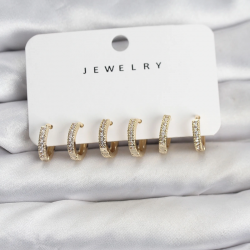 Mey İthalat® Gold Renk Pirinç Zirkon Taşlı Halka Kadın Küpe Seti