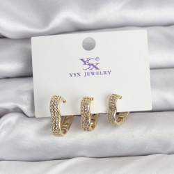 Mey İthalat® Gold Renk Pirinç Zirkon Taşlı Kalpli Kadın Küpe