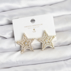 Mey İthalat® Gold Renk Pirinç Zirkon Taşlı Yıldız Model Kadın Küpe