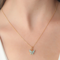 Mey İthalat® Gold Renk Su Yeşili Kelebek Figür Kadın Kolye