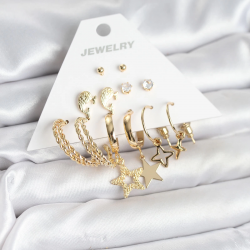 Mey İthalat® Gold Renk Yıldızlı Set 6 Çift Kadın Küpe Seti
