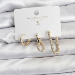 Mey İthalat® Gold Renk Zirkon Taşlı 3'lü Kadın Küpe Seti