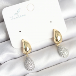 Mey İthalat® Gold Renk Zirkon Taşlı Damla Pirinç Kadın Küpe