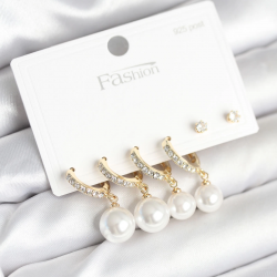 Mey İthalat® Gold Renk Zirkon Taşlı Pirinç İncili 925 Ayar Gümüş Çivili Küpe Seti