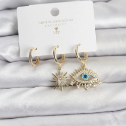 Mey İthalat® Göz Model Gold Renk Pirinç 3'lü Kadın Küpe Seti