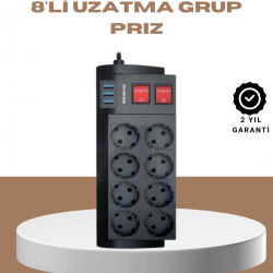 Mey İthalat® Güçlü Termal Korumalı 8 Priz + 3 USB Çoklu Uzatma Kablosu 2m