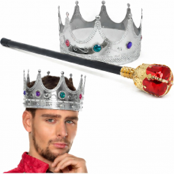 Mey İthalat® Gümüş Kral Tacı Kraliyet Tacı 60 cm ve Kırmızı Topuzlu Kral Asası Seti