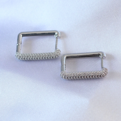 Mey İthalat® Gümüş Renk Kare Model Zirkon Taşlı Pirinç Kadın Küpe