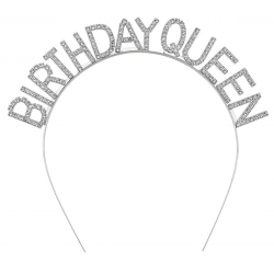 Mey İthalat® Gümüş Renk Kristal Taşlı Parlak Birthday Queen Yazılı Kraliçe Taç 16x17 cm