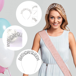 Mey İthalat® Gümüş Renk Kristal Taşlı Parlak Birthday Queen Yazılı Kraliçe Taç 16x17 cm