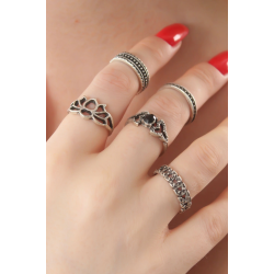 Mey İthalat® Gümüş Renk Lotus Model Siyah Kristal Taş Detay Bayan Yüzük Kombin