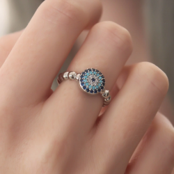 Mey İthalat® Gümüş Renk Nazar Boncuk Figür Zirkon Taş Detay Kadın Yüzük