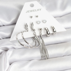 Mey İthalat® Gümüş Renk Pirinç 6 Çiftli Kadın Küpe Seti